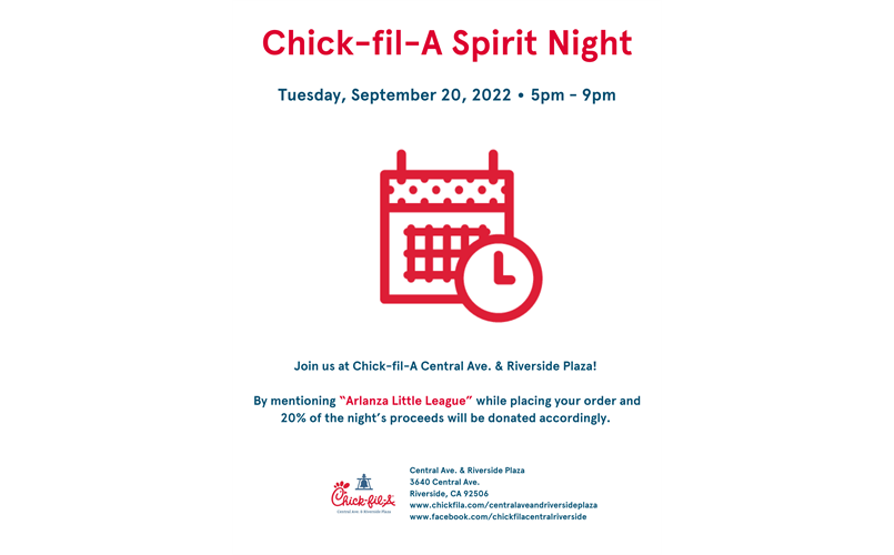 Chick-Fil-A & Arlanza LL Spirit Night 9/20/22 